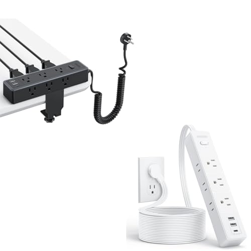 NTONPOWER Desk Clamp Power Strip, Desktop Power Strip with 9 AC & 3 USB (USB C) + NTONPOWER Flat Extension Cord 10 ft, 1080J Surge Protector with Long Cord