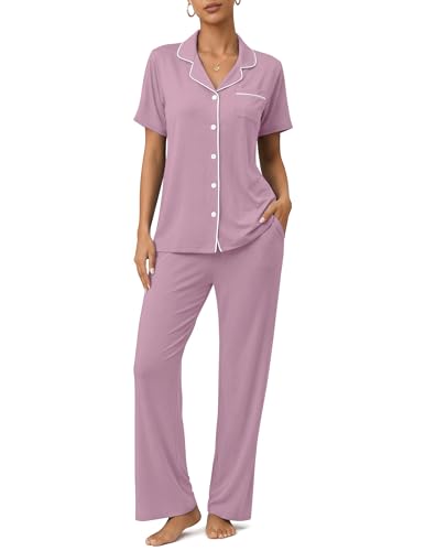 Image of ZMJ Womens Pajamas Sets 2 Piece Lounge Set Short Sleeve Shirt with Long Pant Pj Sets Button Down Sleepwear Outfits Bean Paste XS