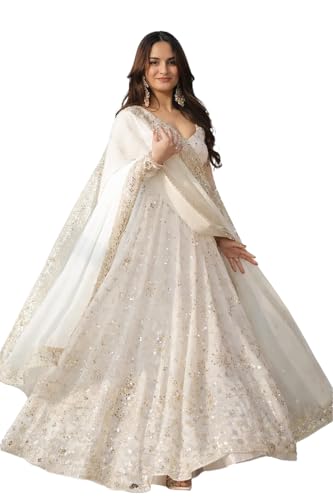 Women Faux Georgette Anarkali Gown Set with Dupatta Embroidery Sequins Work Ethnic Wear - Image 2