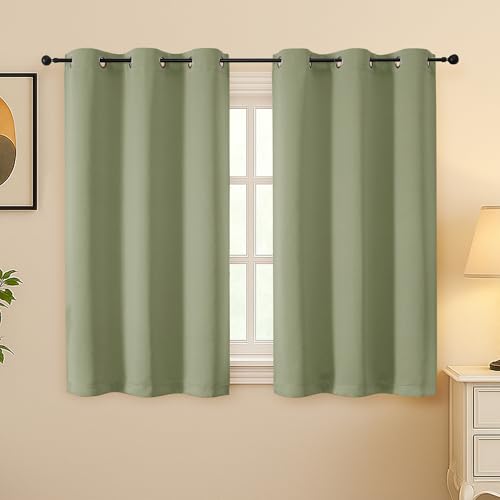 Image of Simplebrand Sage Green Room Darkening Curtains for Bedroom 45 Inches Long 2 Panels Set, Sunlight Blocking Curtains for Small Windows, Grommet Energy Saving Thermal Insulated Short Drapes, 40Wx45L