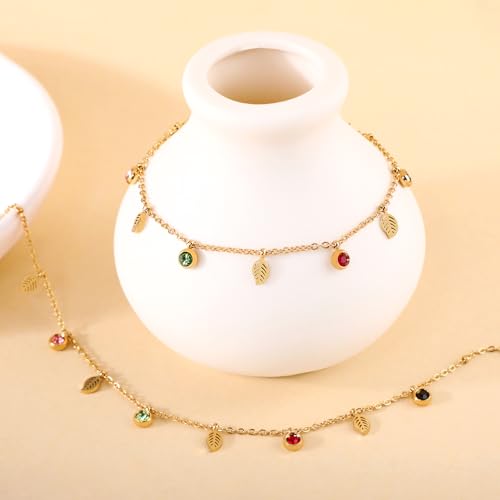 Image of 18K Gold Plated Stainless Steel Dainty Charms Colorful Crystal Birthstone Bracelet Minimalist Cute Jewelry for Women