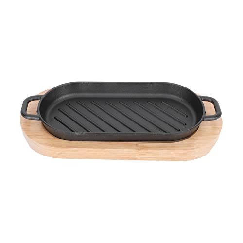 HOLIDYOYO 1 Juego plancha de hierro fundido parrilla sartén plato chisporroteante hibachi tablero madera tablones de madera tabla barbacoas frito plato de fritura de pescado planchar Black