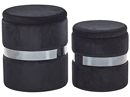 Conjunto de 2 pufs de terciopelo negro plateado almacenaje reposapiés Doris