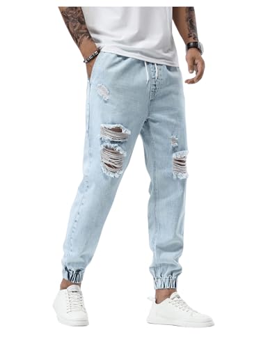 OYOANGLE Men's Ripped Jogger Jeans Drawstring Waist Distressed Denim Pants with Pocket