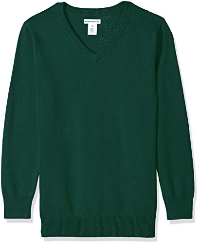 Amazon Essentials Boys' Uniform Cotton V-Neck Sweater, Dark Green Heather, Large