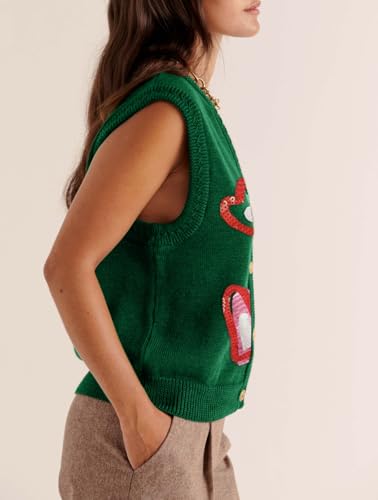 Image of Women Christmas Sweater Vests Santa Claus Print Sleeveless Knit Cardigan Vest Christmas Holiday Tank Top