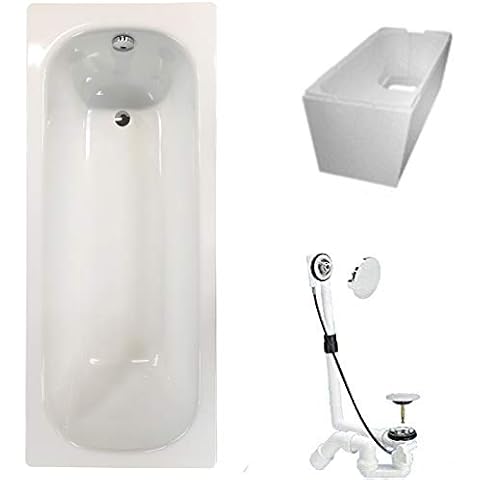 Badewanne Stahl KOMPLETT SET 160 x 70cm + Wannenträger + Ablaufgarnitur weiß Cover