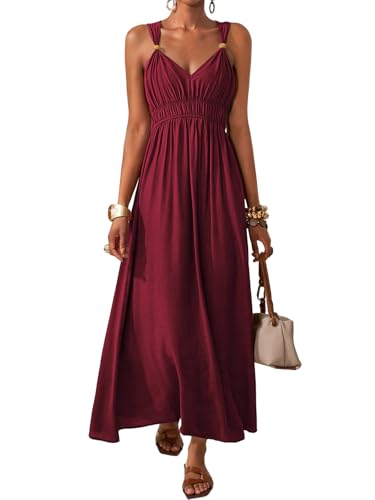 #rémunéré #Amazon<br>Robe Longue Femme Été Chic et Élégante Robe Maxi Décontractée Col en V sans Manches Robe de Plage Bohème Vintage Taille Haute Élastique pour Vacances Fête Quotidien Bordeaux S