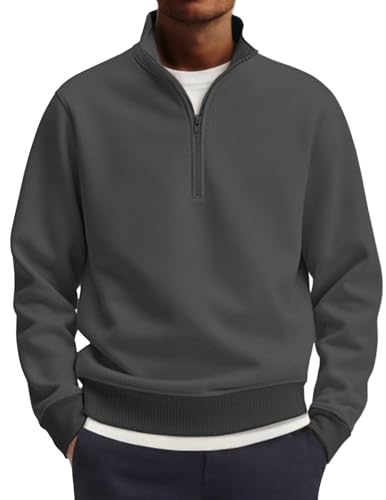 COOFANDY Men's 3/4 Zip Pullover Sweatshirts Fall Long Sleeve Polo Shirts Mock Neck Business Casual Essential Work Tops Dark Gray