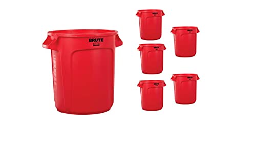 Image of Rubbermaid Commercial Products BRUTE Heavy-Duty Round Trash /Garbage Can, 10-Gallon, Red, Outdoor Waste Container for Landscapers /Construction /Restaurants /Back of House /Offices /Warehouses, Pack of 6