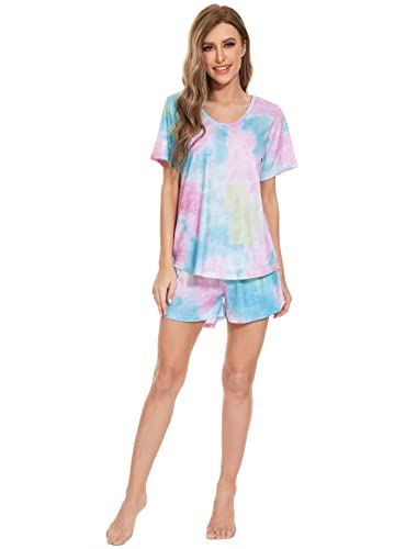 Image of MOYEE Womens Pajama Sets Soft Short Sleeve Shirt and Shorts 2 Pieces Lounge Outfit Sets with Pockets Multicolor