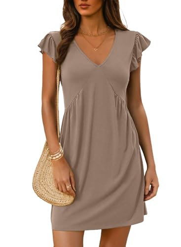EIRUKON Robe Femme Ete Mini Col V Robes Manches à Volants Robe de Plage Manches Courtes Couleur Unie Ample Robes Chic et Elegant Longueur Genou Décontracté...