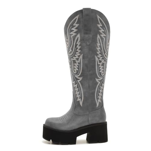 Image of Uillnoodu Wide Calf Cowboy Boots Women Adjustable Lace Up Knee High Tall Plus Size Cowgirl Boots Western Style Comfortable 2-Inch Heel
