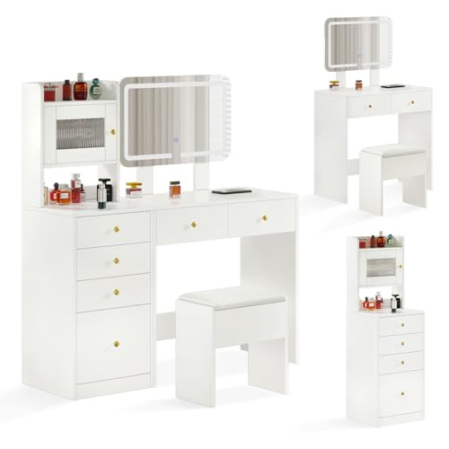 Juego de tocador con espejo y taburete, moderno escritorio de tocador con luces, espejo de color y altura ajustable, tocador blanco para dormitorio con estantes y 6 cajones para niñas y mujeres