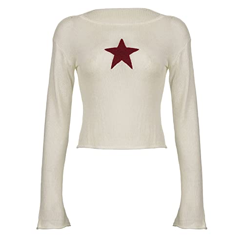 Women Y2K Fairy Grunge Sweater Long Sleeve Slim Fit Star Pattern Knitted Pullover 2000s Fall Boat Neck Jumpers Top4