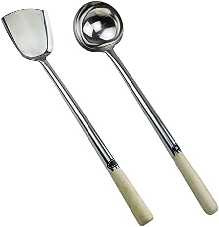 Stainless Steel Chinese Style cookware Utensils Wok ladle & Spatula with Wooden Handle Extra Large