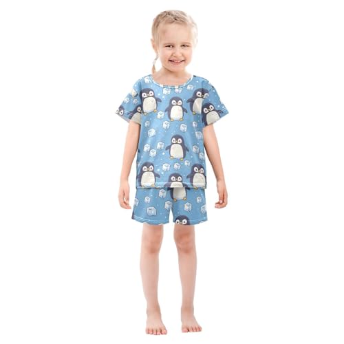 ALAZA Penguin Blue Cartoon Pajamas Set Short Sleeve Cotton Sleepwear Summer Pjs 2 Piece 5-14Y3