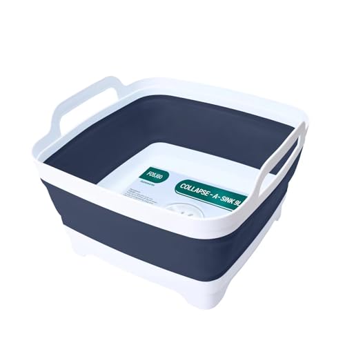 FOSJGO 2.4 Gal(9L) Collapsible Dish Basin with Drain Plug,Space Saving Multiuse Foldable Sink Tub,Dishpan,Kitchen Sink for Camping,Plastic Tub,Vegetable Washing,RV