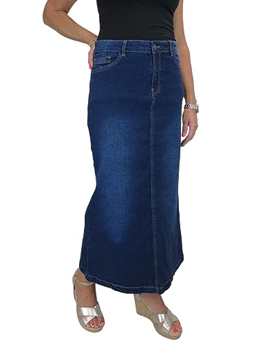 Damen Maxi Long Jeans Rock Sehr Dehnbarer Denim Verblasstes Dunkelblau...
