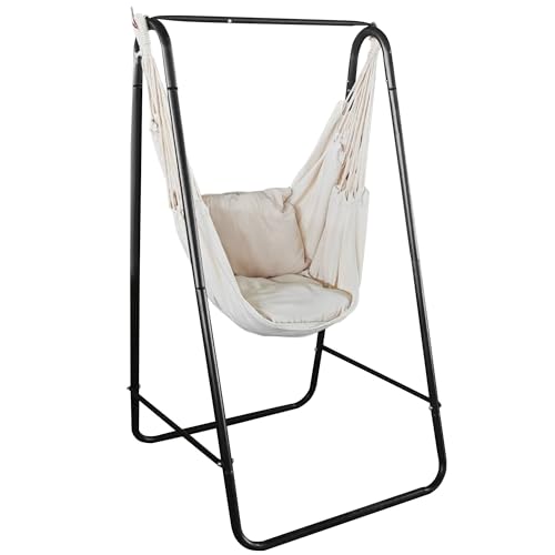 Outsunny - Sillón colgante exterior con soporte, silla colgante con cojín, reposabrazos, ganchos, color blanco crema