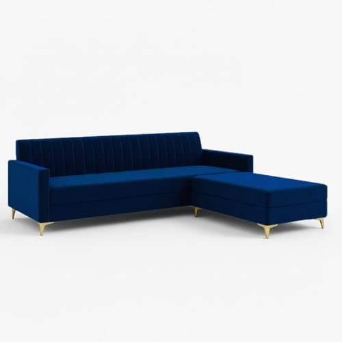 Image of SOCOZI Morello 4 Seater L Shape Sofa Set with Movable Ottoman | Flexible Left or Right Layout | Soft Velvet Suede Fabric | Modern Design | Plush Comfort Cushions for Living Room (Dark Blue)