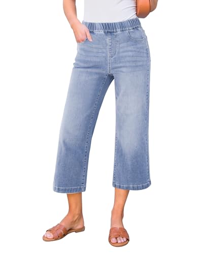 GRAPENT Capri Jeans for Women Wide Leg High Waisted Effortless Flow Pull On Stretchy Denim Elastic Waist Pants with Pockets