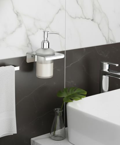 Image of Premium 304 Stainless Steel Wall Mounted Liquid Soap Dispenser with Frosted Glass Bottle | Rustproof Bathroom Hand Wash Pump Holder | Ideal for Kitchen & Bathroom (Extra SD19)