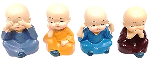 Image of AUGEN Polyresin Set of 4 Buddha Monks Statues Figurines Showpiece for Wall Shelf Table Desktop Living Room Car Dashboard Decoration Home Office Decor (Multicolour)