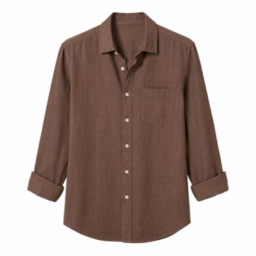Men's White Linen Shirt, Long Sleeve Button-Down with Coffee Brown - Image 5