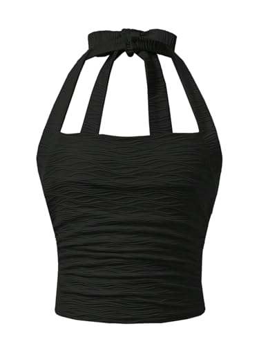 OYOANGLE Girl's Textured Bow Halter Top Summer Sleeveless Slim Fitted Tops
