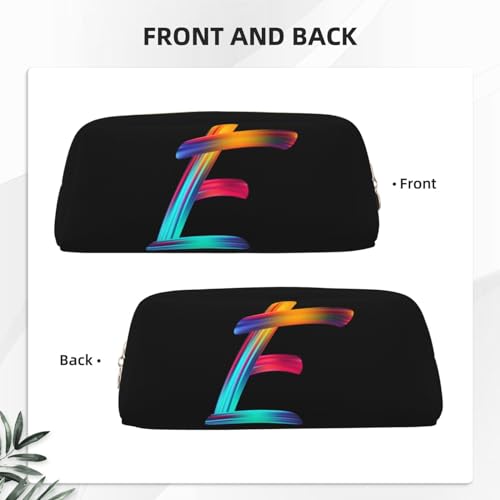 Image of Cute Initial Pencil Case for Kids Simple Leather Pencil Pouch for Boys Girls Letter Design Pencil Box Pen Bag Pencil Pouch Office Stationery Organizer, Rainbow Letter E