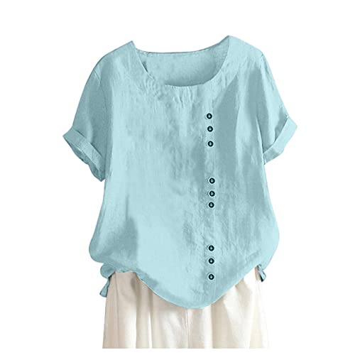 Ilh Lightning Deals Tunic Top,Women 3/4 Sleeve Loose Button Trim Blouse Solid Color Round Neck Blouse T-Shirt (Blue, 2Xl) #TOP12