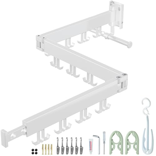 Kelisiting Uittrekbaar droogrek, 3-voudig gevouwen, wit, wandmontage, ruimtebesparend, opvouwbaar, duurzaam, voor balkon, wasruimte, badkamer, terras, appartement, slaapzaal