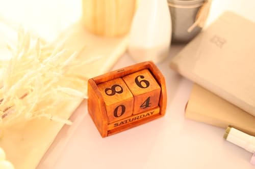 Image of Handmade Wooden Perpetual Desk Calendar | Vintage Wooden Table Calendar for Home & Office Decor (CALENDER 1)