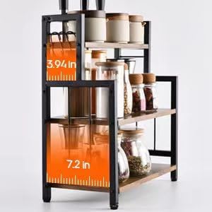 Miniatura 6 de Organizador de especias de cocina organizador de especias de madera de 3 niveles con cesta de alambre organizador de encimera de 3 ganchos para