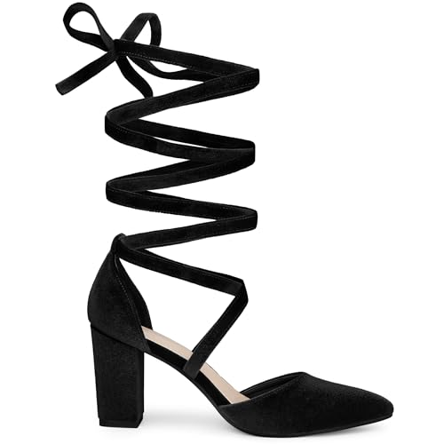 Allegra K A23100800UX0449 Women'S Velvet Lace Up Chunky Heels Pointed Toe Black Pumps 8 M Us thumb #5