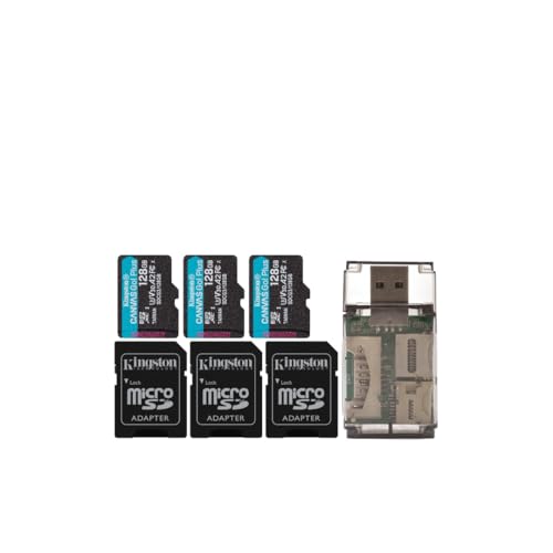Kingston 128GB MicroSDXC Canvas Go Plus Memory Card (3-Pack) Bundle with Focus All-in-One High-Speed Card Reader (4 Items)