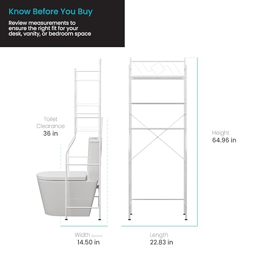 Image of Home Zone Living Over-the-Toilet Bathroom Storage Cabinet Organizer | Freestanding Steel Frame Design with 3-Tier Shelves, Wide Stabilizing Base and Adjustable Feet, White