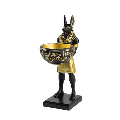 GoddenMene Anubis Statue with Bowl 10 Inch Black & Gold Hand-Painted Resin Egyptian God Figurine Desktop Organizer for Candy Keys & Trinkets Egyptian Mythology Collectible Decor for Home & Office