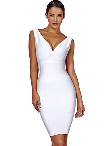 Maketina Women's Rayon Sexy V Neck Backless Club Cocktail Bodycon Party Bandage Dress White XL