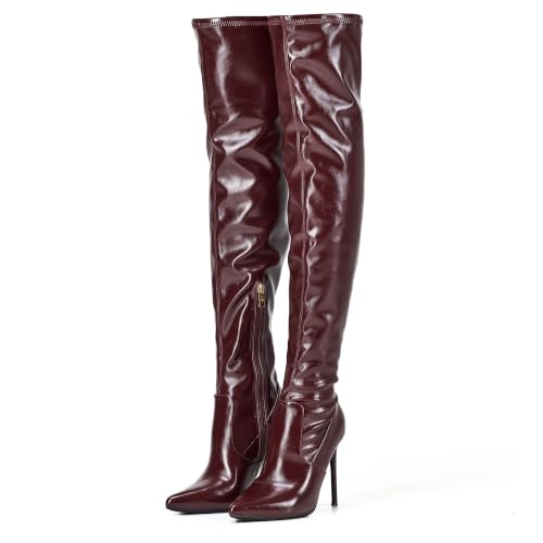 Image of GENSHUO Women's Over the Knee Boots Stiletto Pointed Toe Thigh High Heel | Stretchy Thigh High Long Boots with Side Zipper, Sexy Slim Fit Tall Heeled Boot for Club Party Evening Dress Wear
