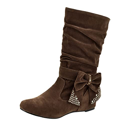 Bottes mi-mollet pour femme strass nœud papillon bout rond chaussures d'hiver chaudes