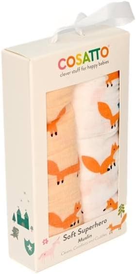 CosattoMuslin Cloths for Baby - Muslin Duo - Newborn Essentials - Baby Swaddle - Burping - Baby Muslins Pack - Baby Essentials - Gifts - Mr Fox