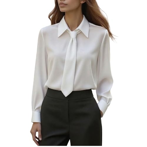 Blusas de Mujer Elegantes,Camisetas de Vestir Manga Larga Cuello Solapa con Corbata Blusa Informal de Satén Estilo Casual y de Vestir Camisa Color Sólido Suelto Cómodo Shirt para Negocios de Oficina