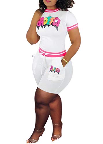 Women Sequin Letter Patchwork 2 Piece Outfits Short Sleeve T Shirt Top Bodycon Pockets Shorts Set Romper Tracksuits (White, M)