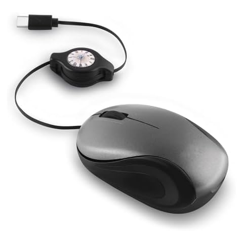 HXMJ USB C Wired Mini Mouse,Small Travel Mice with Retractable Cable-Gray Cover