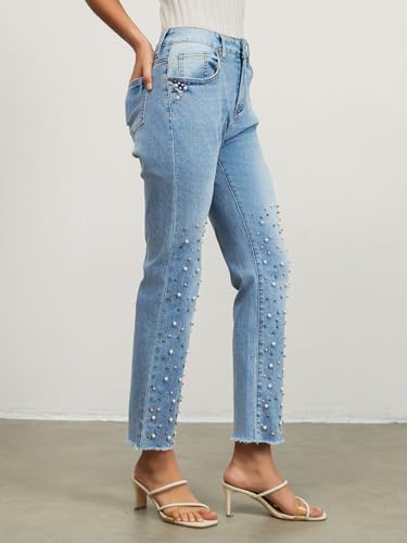 LifeShe Women Pearls Embellished Jeans High Waisted Raw Hem Straight Leg Stretchy Denim Pants4