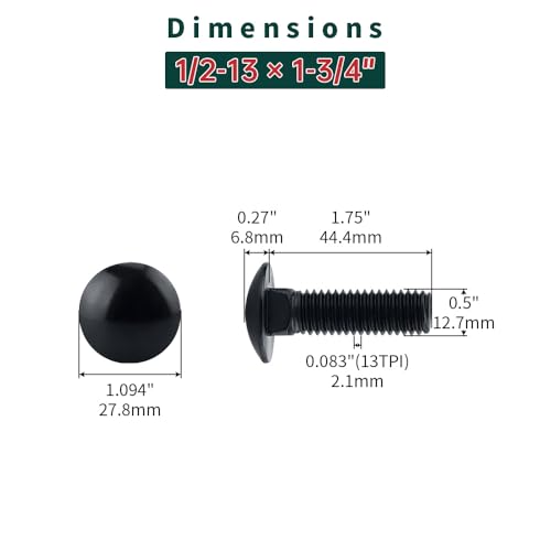 Image of 1 /2-13 x 1-3 /4 inch Black Carriage Bolts with Nuts and Washers Kits (8 Sets), 304 Stainless Steel 18 /8, Black Finish, Round Head, Square Neck, Heavy Duty Bolts, Indoor Outdoor Fastening Bolts, Fayeploo
