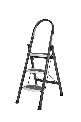 Image of CLEAN IN 3 Step Premium Foldable Household Steel Ladder ~ for Home, Garage, Kitchen. Wide & Anti-Skid Steps, 150 kg Load Capacity, Reinforced Hinges ~ (Shades of Grey)