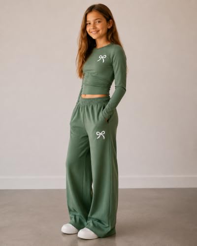 Image of Tween Girls Clothes Long Sleeve Bow Knot Print Top + Wide Leg Pants 2 Piece Outfit Set, Size 7-16 Years